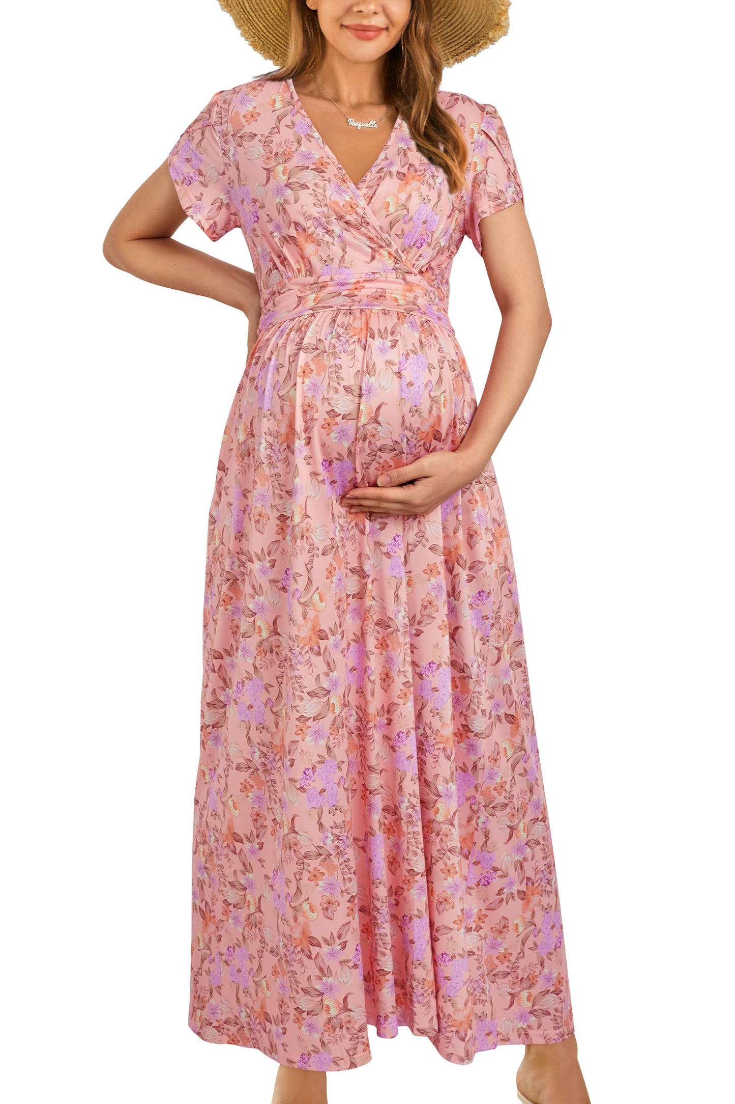 OUGES Maternity Maxi Dress Wrap V Neck Baby Shower Pregnancy Dresses for Photoshoot