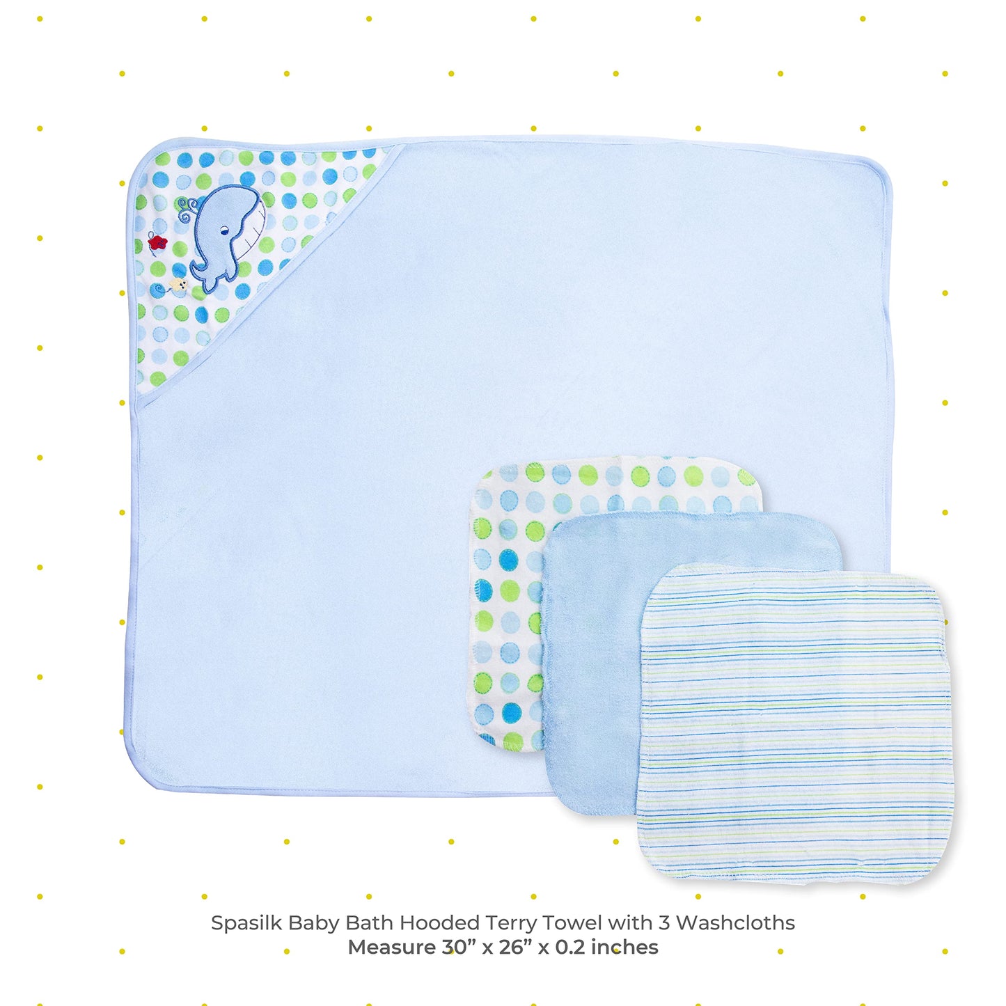 Spasilk Baby Bath Hooded Terry Towel with 3 Washcloths, Baby Bath Essentials, One Size, Blue Whale
