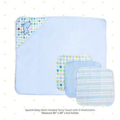 Spasilk Baby Bath Hooded Terry Towel with 3 Washcloths, Baby Bath Essentials, One Size, Blue Whale