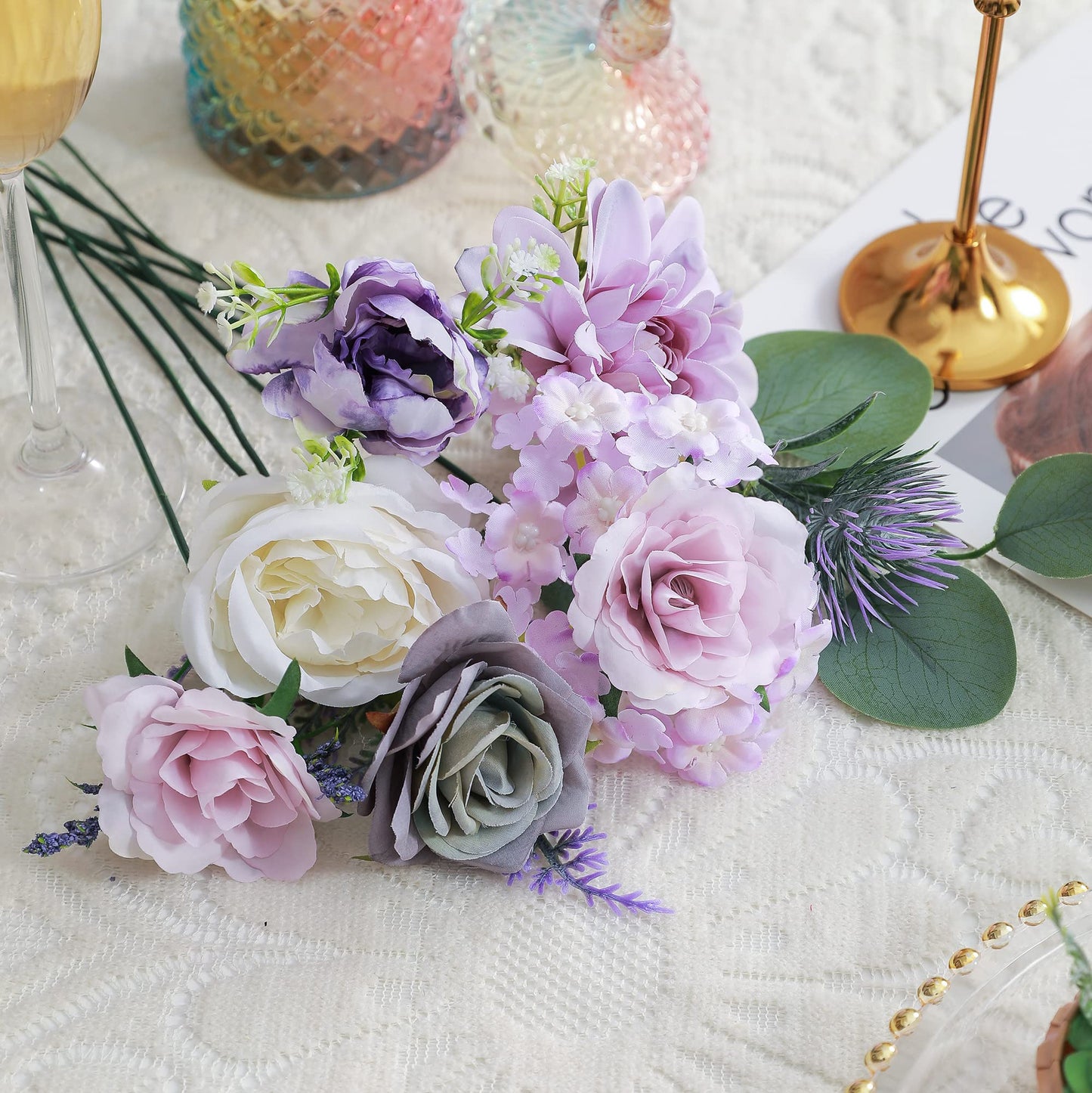 Artificial Flowers Combo, Fake Flowers for DIY Tables Centerpieces Baby Shower Bridal Shower Wedding Bouquet Arrangements Party Candle Holder Cake Decor Flower Home Decorations