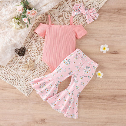 Fernvia Infant Baby Girl Clothes Suspenders Short Sleeve Ribbed Romper Flared Pants Set Headband 3pcs Summer Outfit