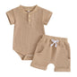 Kuriozud Newborn Baby Boy Summer Clothes Button Short Sleeve Romper Bodysuit Shorts Set Toddler Soft Waffle Outfit