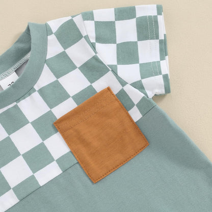 Toddler Baby Boy Summer Clothes Set Short Sleeve Checkered Tops & Shorts Novelty Color Block Outfits