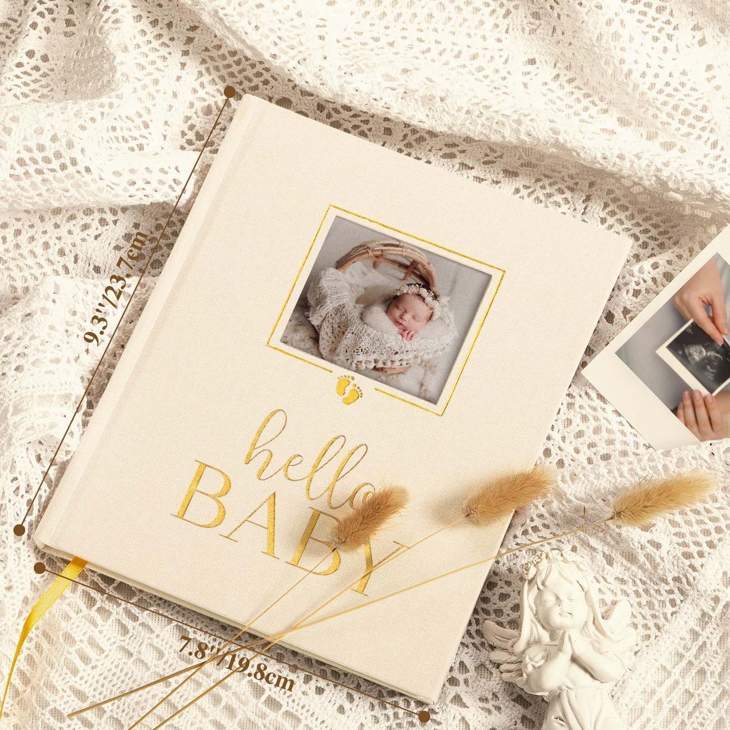 Lanpn Hello Baby Memory Book, Newborn First 5 Year Keepsake with DIY Window, Linen Baby Book Memories Journal Scrapbook Photo Book, Baby Milestone Album for Boy Girl New Parents (Beige, 154 Pages)