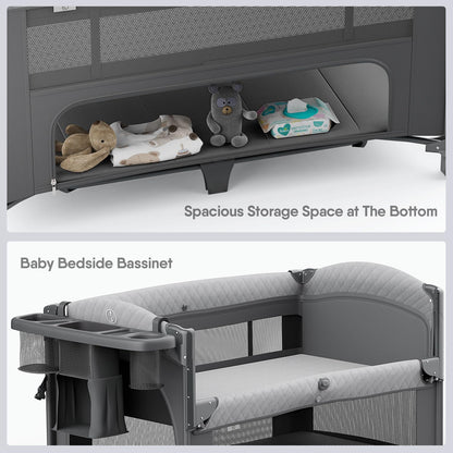 4 in 1 Baby Bassinet, Pack and Play, Bedside Crib Sleeper, Diaper Changer - Comes with Mattress, Mosquito Net，Bottom Storage and Toy Bar for Newborn to Toddles