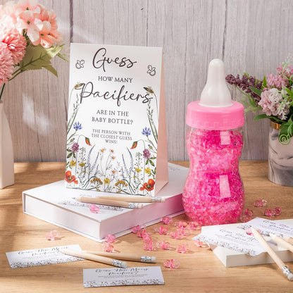 Roowest 512 Pcs Baby Shower Games Guess How Many Pacifiers Sign 100 Small Guessing Games 10 HB Pencils 750ml Milk Bottle 400 Acrylic Pacifiers Decoration for Guest Gender Reveal(Pink,Bear)