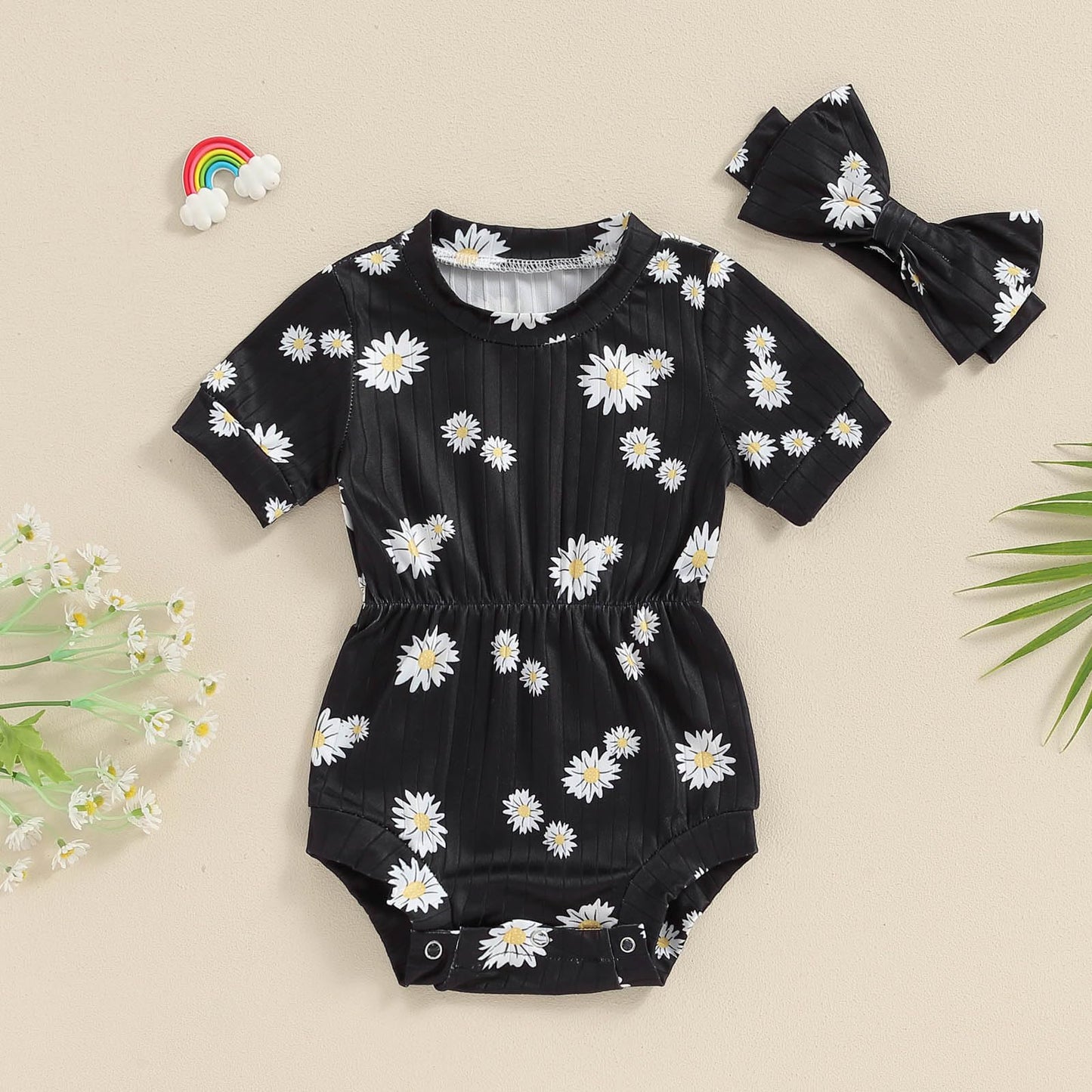 Baby Girl Summer Clothes Ribbed Short Sleeve Romper Solid Color Bodysuits Bow Headband Outfit Newborn Girl Jumpsuit