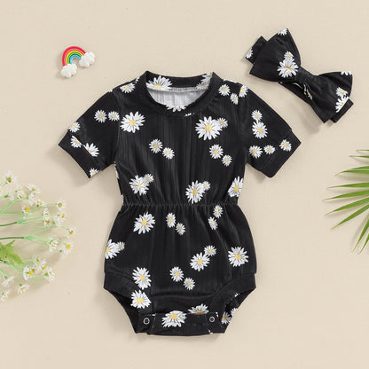 Baby Girl Summer Clothes Ribbed Short Sleeve Romper Solid Color Bodysuits Bow Headband Outfit Newborn Girl Jumpsuit