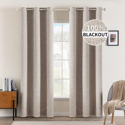 MIULEE 100% Blackout Linen Textured Curtains for Bedroom Solid Thermal Insulated Natural Beige Grommet Room Darkening Curtains & Drapes Luxury Decor for Living Room Nursery 52 x 84 Inch (2 Panels)