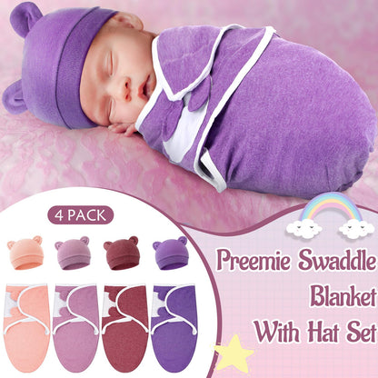 Buryeah 4 Pack Preemie Swaddle Blanket Wrap Set with Hat for Baby Boys Girls 3-7 Lbs Preemie Newborn Clothes Sleepers Cap