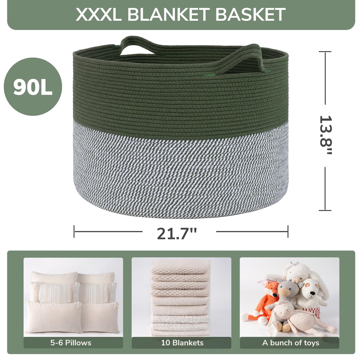 INDRESSME XXXLarge Cotton Rope Basket 21.7" x 21.7" x 13.8" Woven Baby Laundry Blanket Basket Toy Baskets with Handle Storage Comforter Cushions Thread Laundry Hamper