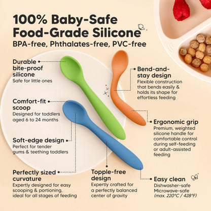 KeaBabies Silicone Baby Spoons, Self Feeding 6-12 months - 3-Pack Baby Weaning Eating Utensils, Toddler First Food Training Spoon, Infant, Kids Feeding Supplies Essential Set, Dishwasher-safe (Slate)