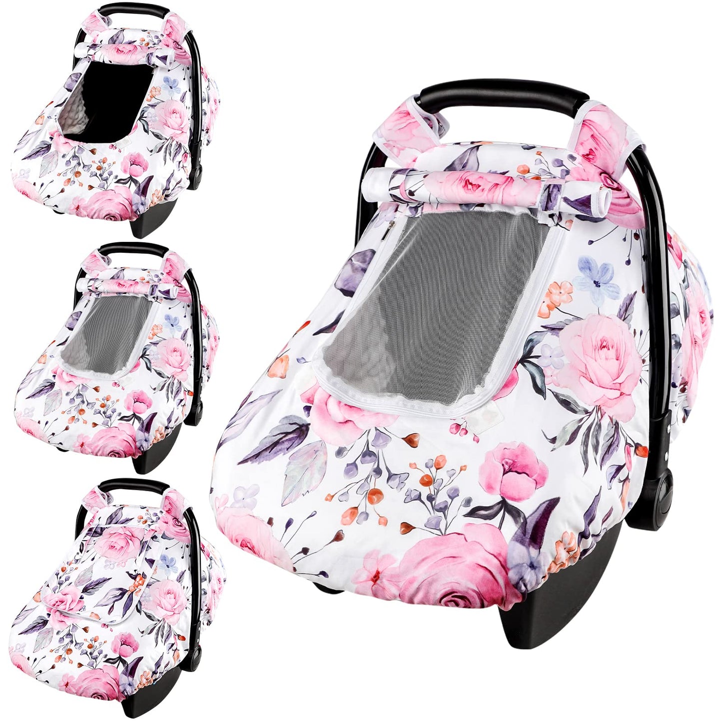 Pea Pod Car Seat Cover Baby, Infant Car Seat Canopy Covers for Newborn with 2 Layers Windows of Breathable Mesh Fabric, Lightweight Polyester/Soft Minky Dot Backing (Floral & Rainbow)