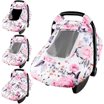 Pea Pod Car Seat Cover Baby, Infant Car Seat Canopy Covers for Newborn with 2 Layers Windows of Breathable Mesh Fabric, Lightweight Polyester/Soft Minky Dot Backing (Floral & Rainbow)
