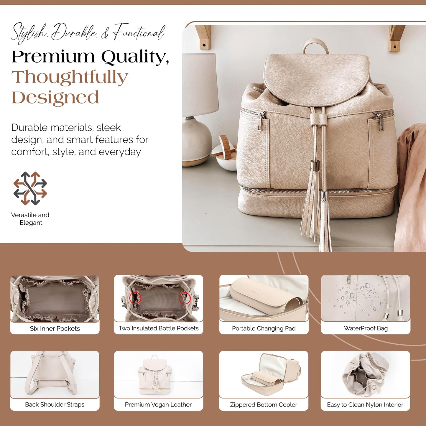 Citi Collective Journey Pearl Vegan Leather Diaper Bag Backpack | Elegant, Multifunctional, Travel Diaper Bag with Changing Pad, Stroller Straps & Insulated Bottle Pockets.