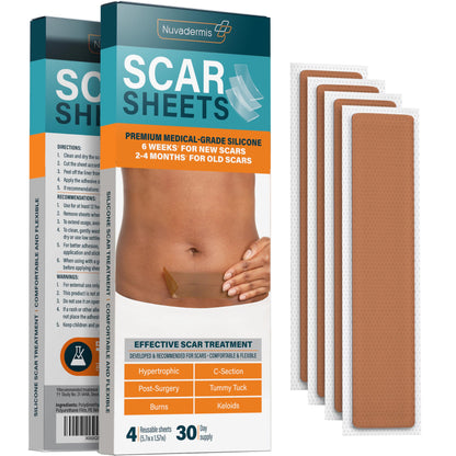 NUVADERMIS Silicone Scar Sheets - Extra Long Scar Sheets for C-Section, Tummy Tuck, Keloid, and Surgical Scars - Reusable Medical Grade Silicone Scar Sheets - Pack of 4 - Light Tone