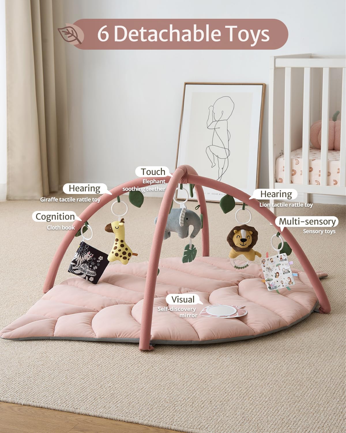 Blissful Diary Baby Play Gym & Activity Mat, Oversize Leaf Shaped Baby Play Mat w 6 Detachable Toys, Tummy Time Mat Promote Motor Skills & Sensory Development Mat, Newborn Infant Baby Essentials Gift
