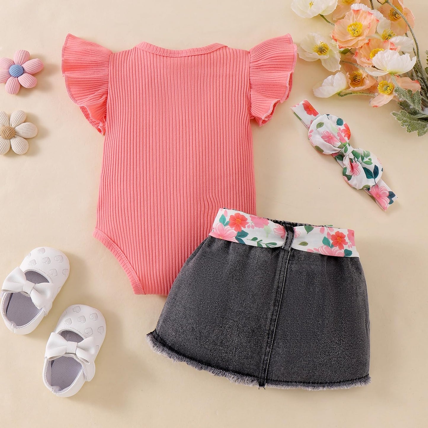Baby Girl Clothes Newborn Romper Ruffle Sleeve Short Jeans Skirt with Headband Infant Outfits Set 0-18 Months