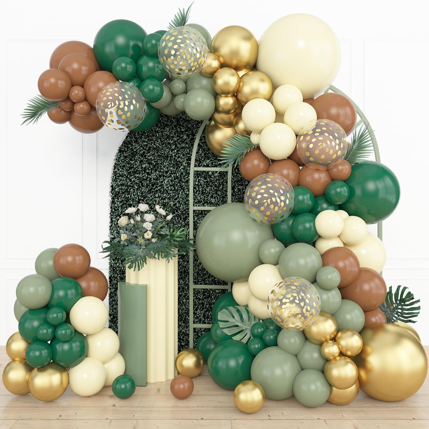 Amandir 153pcs Sage Green Balloon Garland Arch Kit, Different Sizes 18 12 10 5 inch Green Blush Gold Latex Metallic Confetti Gold Balloons for Birthday Baby Shower Wedding Safari Forest Decorations