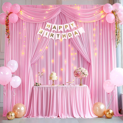 10x10ft Pink Backdrop Curtain with Lights String for Parties Wedding Wrinkle Free Soft Curtains Photo Backdrop Drapes for Girls Birthday Baby Shower Background Decorations 5x10ft, 2 Panels