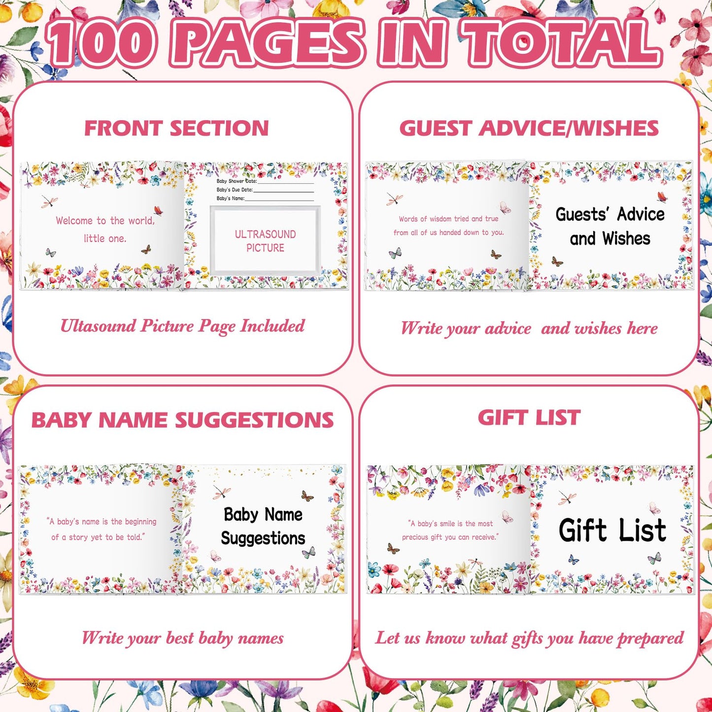 27 Pcs Butterfly Floral Baby Shower Guest Book Set Baby Shower Sign in Guest Floral Book Place Table Cards with Gold Pen Adhesive Photo Corner for Birthday Party