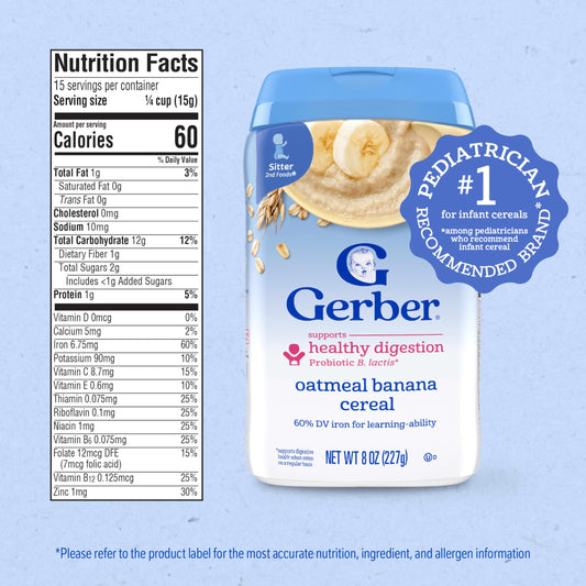Gerber Stage 2 Baby Food, Oatmeal Banana Cereal, Probiotics Support Healthy Digestion, Baby Oatmeal Cereal