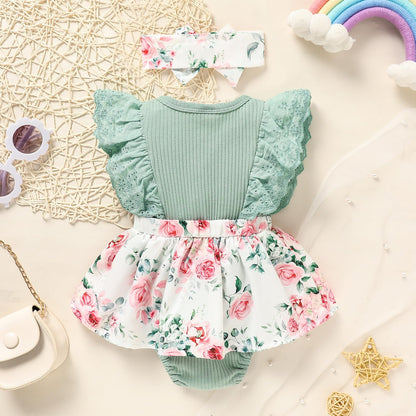 Sinhoon Baby Girl Clothes Newborn Ruffled Sleeveless Romper Floral Dreesy Bodysuit Heaedband 3pcs Baby Girl Summer Clothes