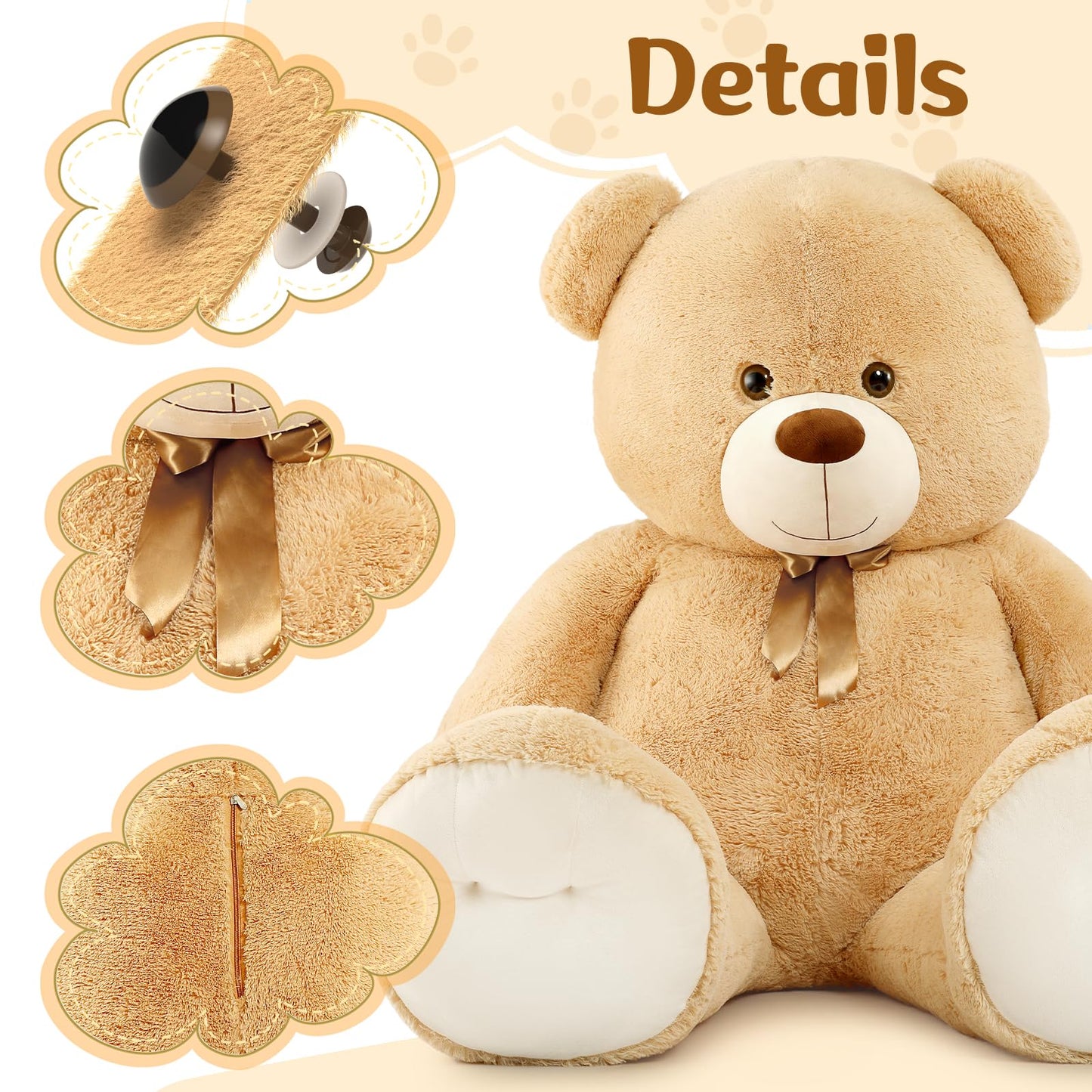 Tezituor 59" Gaint Teddy Bear Stuffed Animal,5ft Life Size Big Teddy Bears,Light Brown Cute Soft Plush Toy,Gifts for Kids Girls Boys Girlfriend Valentine,Christmas,Birthday,Baby Shower,Wedding Party