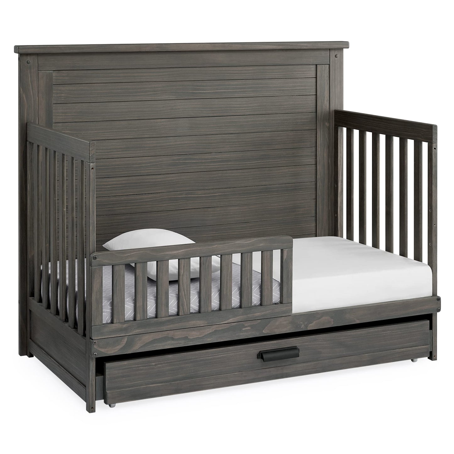 Delta Children Simmons Kids Caden 6-in-1 Convertible Crib with Trundle Drawer, Greenguard Gold Certified, Rustic Mist