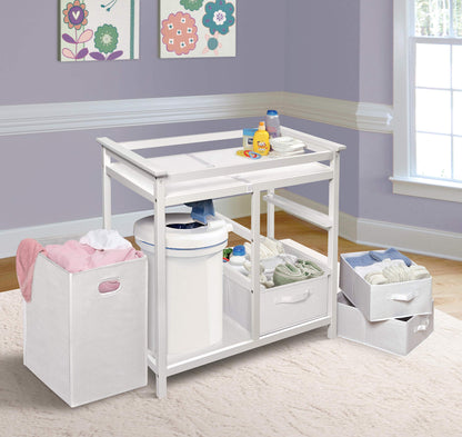 Badger Basket Modern Baby Changing Table - Portable Diaper Station with 3 Drawers Pad & Hamper - Storage Organizer for Baby Clothes, Diapers & Toys - Fresh White/White (34.25 x 20.75 x 34.5)