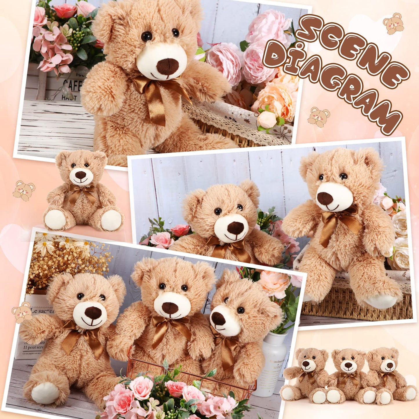 HyDren 6 Pcs Bear Stuffed Animal Plush Toys Soft Plush Dolls Bear Sleeping and Playing Toys for Baby Shower Decoration Boy(Fuzzy Style,Brown)