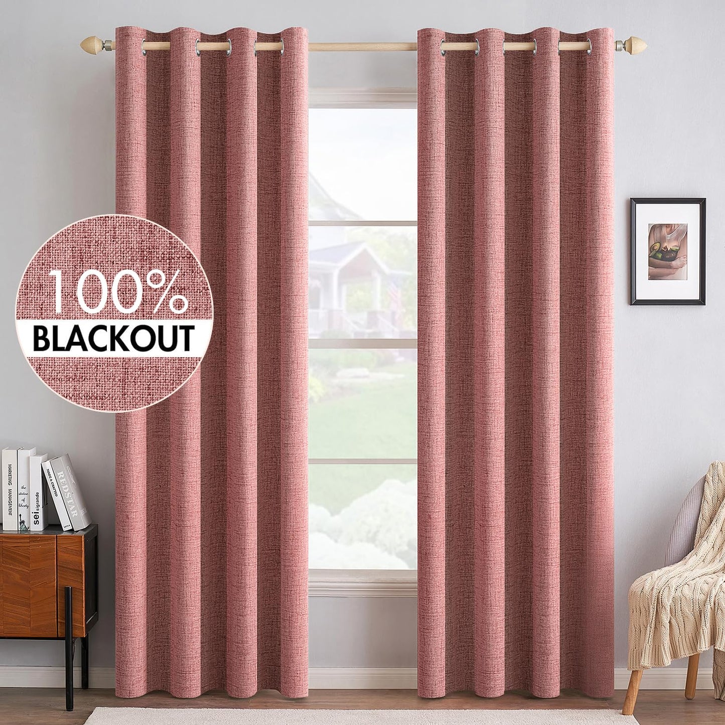 MIULEE 100% Blackout Linen Textured Curtains for Bedroom Solid Thermal Insulated Natural Beige Grommet Room Darkening Curtains & Drapes Luxury Decor for Living Room Nursery 52 x 84 Inch (2 Panels)