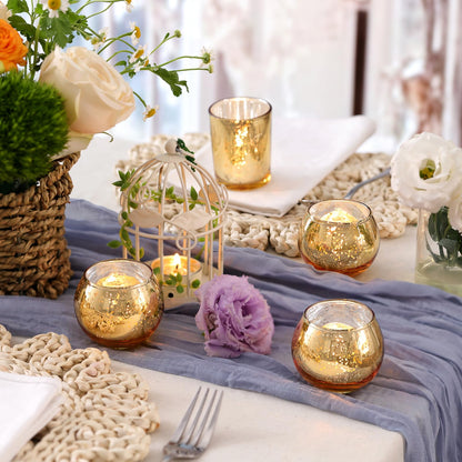 Volens Round Blue Votive Candle Holders Set of 12, Blue Wedding Centerpiece Table Decorations, Mercury Glass Tealight Candle Holder for Bridal Shower, Baby Shower & Home Decor