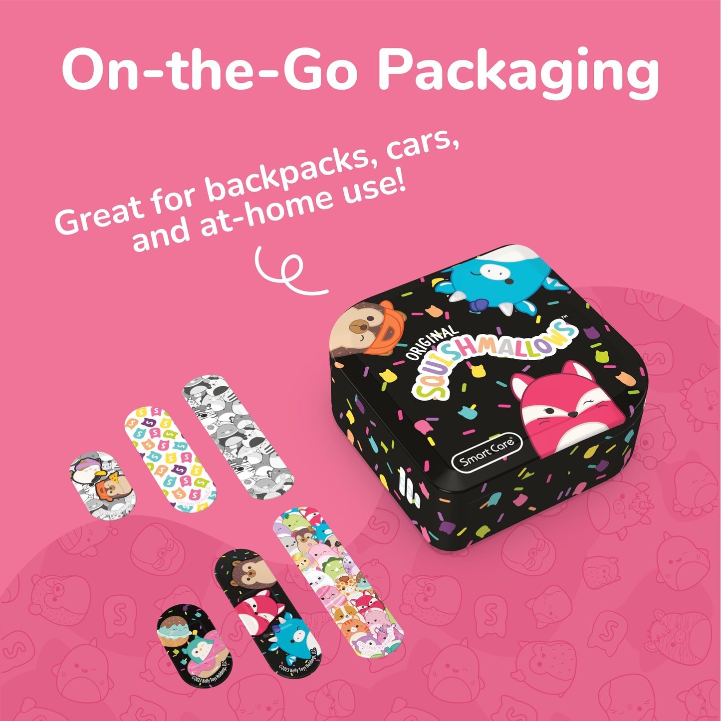 Squishmallow Bandage Kit, Cute Bandaids for Kids, Infants & Children, Latex-Free Bandages, Variety Pack of Assorted Bandages with Travel Size Tin Case, 100CT
