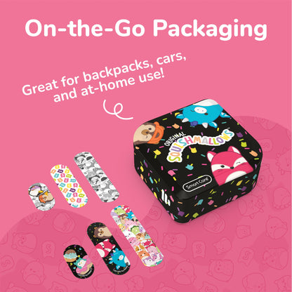 Squishmallow Bandage Kit, Cute Bandaids for Kids, Infants & Children, Latex-Free Bandages, Variety Pack of Assorted Bandages with Travel Size Tin Case, 100CT