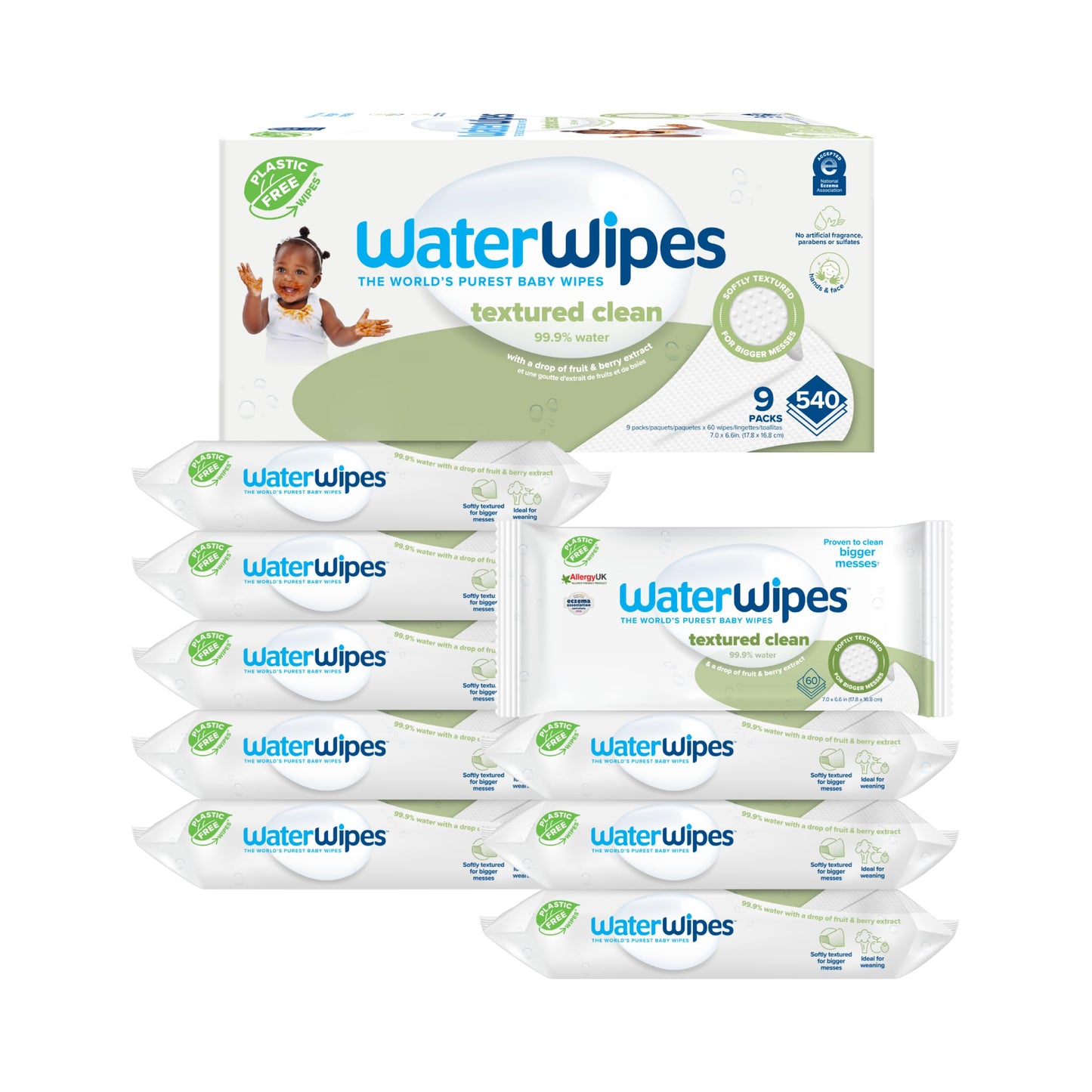 WaterWipes Plastic-Free Textured Clean, Toddler & Baby Wipes, 99.9% Water Based Wipes, Unscented & Hypoallergenic for Sensitive Skin, 60 Count (12 packs), Packaging May Vary