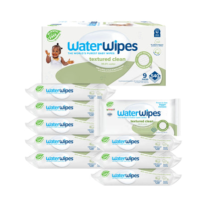 WaterWipes Plastic-Free Textured Clean, Toddler & Baby Wipes, 99.9% Water Based Wipes, Unscented & Hypoallergenic for Sensitive Skin, 60 Count (12 packs), Packaging May Vary