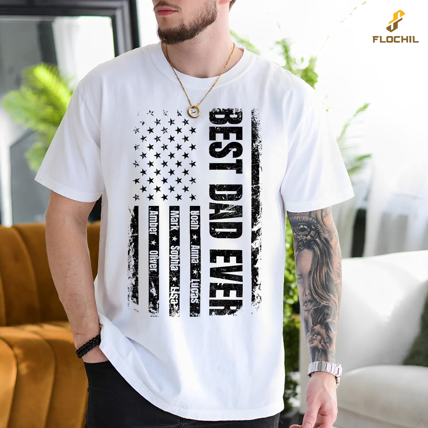 FLOCHIL Personalized Dad Shirt for Men, Custom With Kids Names, Fathers Day T Shirt, Gifts