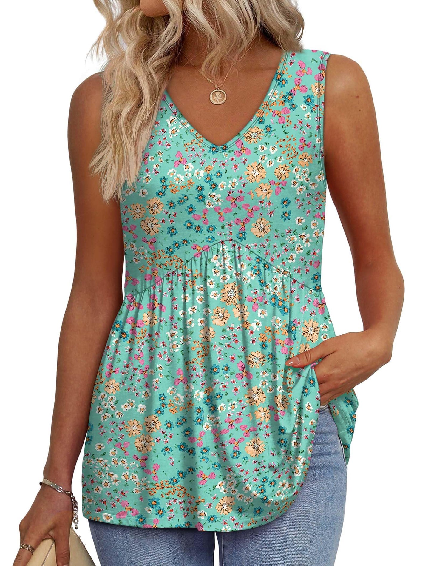 OFEEFAN Womens Tank Tops 2025 Flowy Peplum Tops for Women Dressy Sleeveless V Neck Babydoll Tank Tops