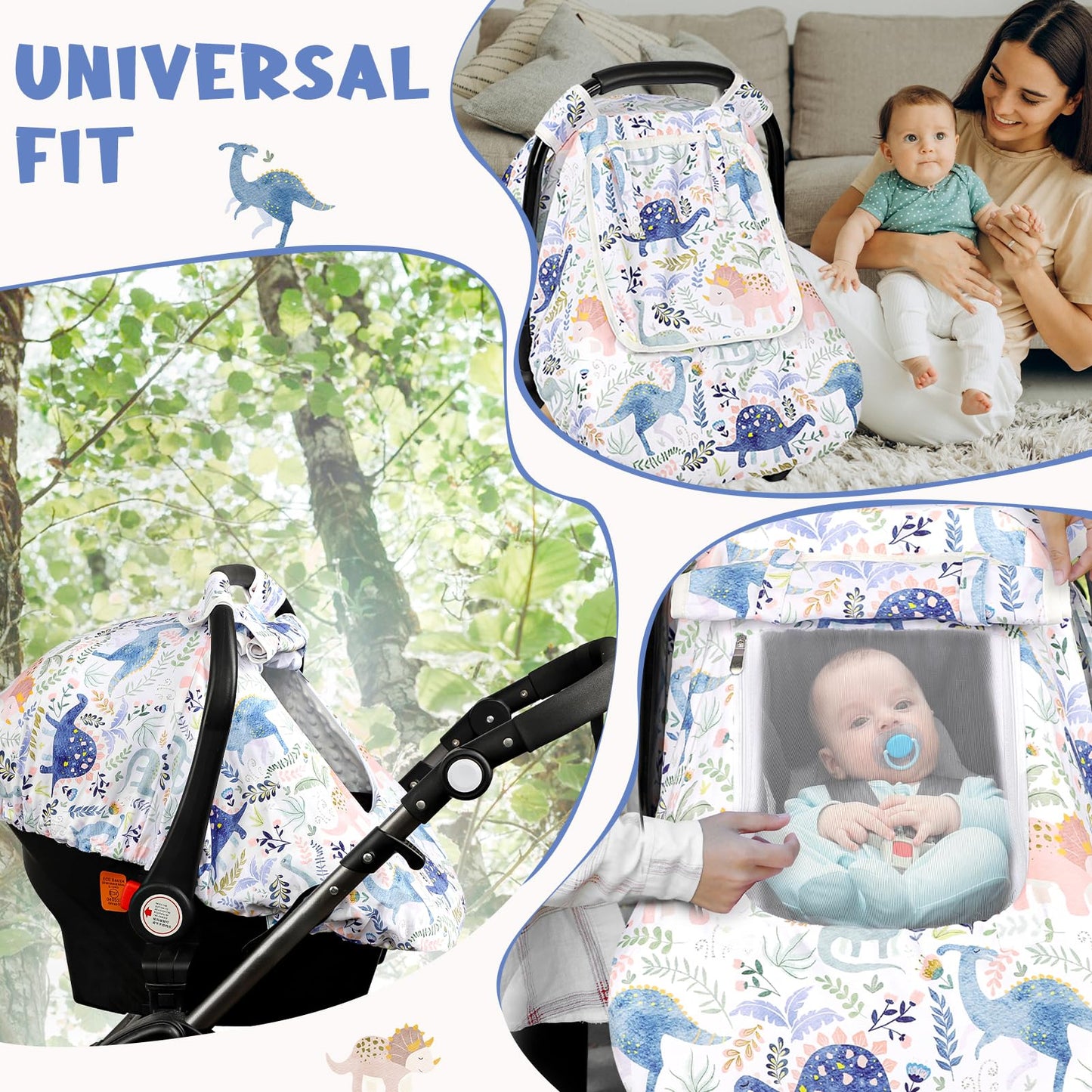 Pea Pod Car Seat Cover Baby, Infant Car Seat Canopy Covers for Newborn with 2 Layers Windows of Breathable Mesh Fabric, Lightweight Polyester/Soft Minky Dot Backing (Floral & Rainbow)