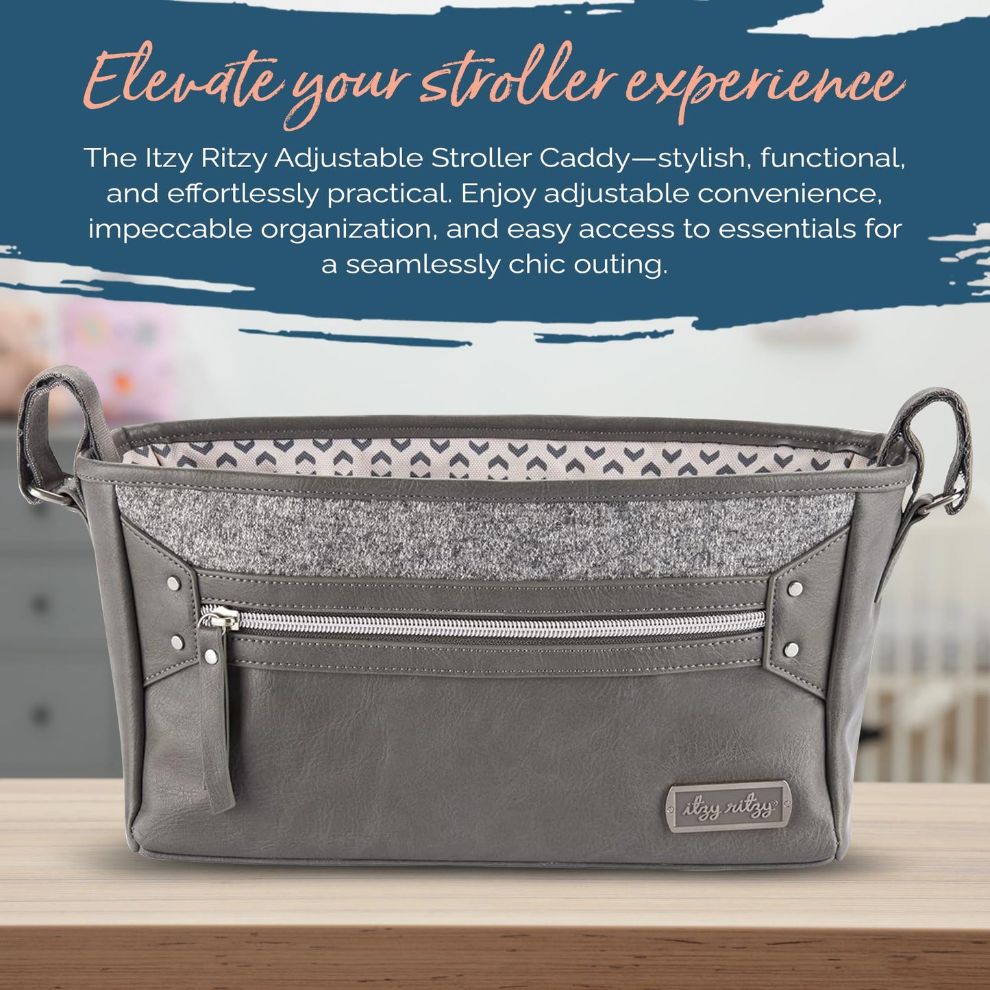 Itzy Ritzy Adjustable Stroller Caddy and Organizer Bag Featuring Front Zippered Pocket, 2 Built-in Interior Pockets & Adjustable Straps to Fit Nearly Any Stroller (Chai)