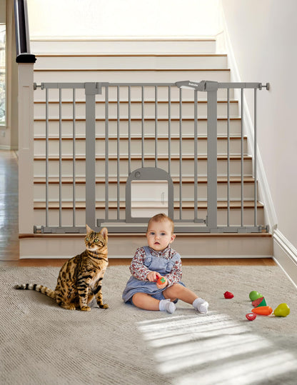 Babelio Upgraded Baby Gate with Cat Door, 29-43" Auto Close Durable Dog Gate for Stairs, Doorways and House, Easy Walk Thru Safety Gate with Pet Door Includes 4 Wall Cups, Black