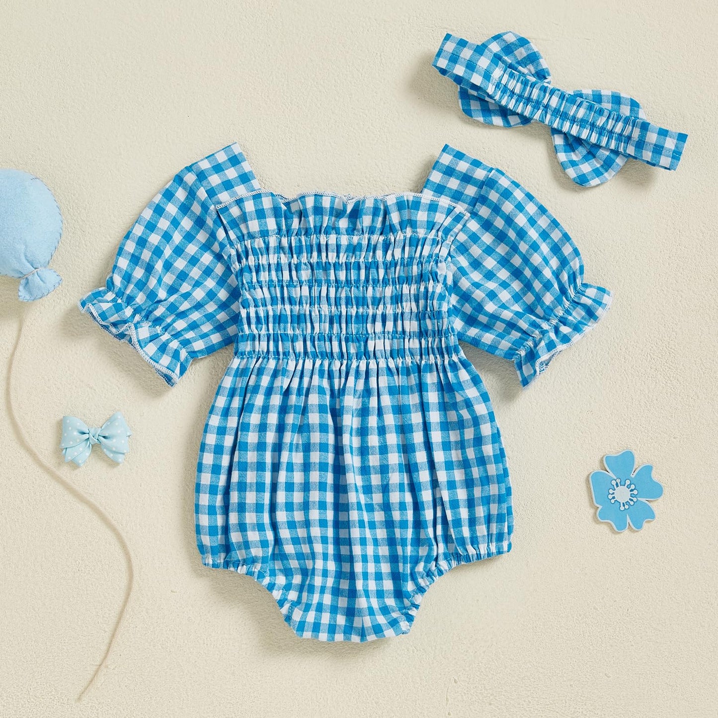 Infant Baby Girls Romper Ruffle Sleeve Pleated Smocked Bubble Plaid One Piece Ruched Jumpsuit Summer Bodysuit