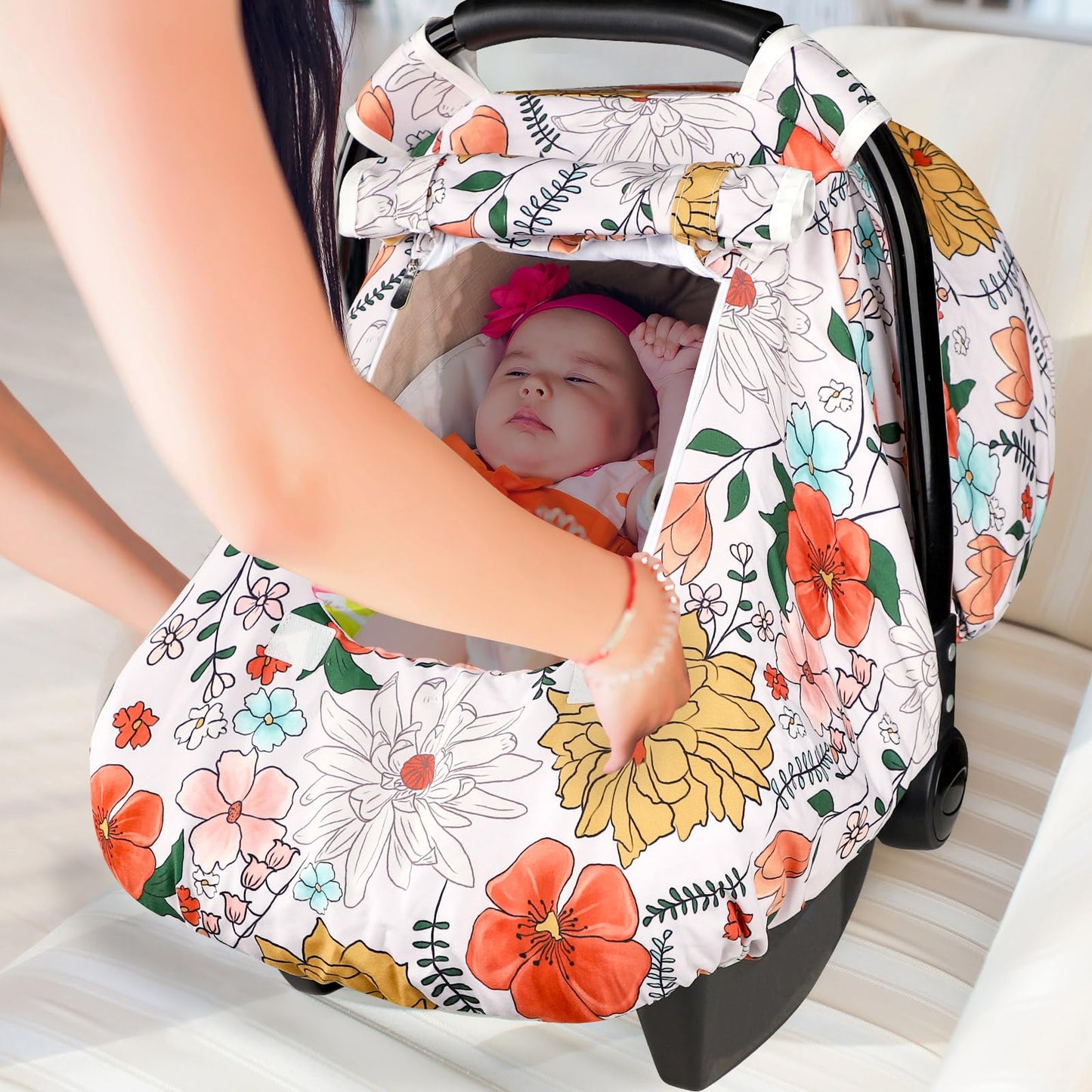 Pea Pod Car Seat Cover Baby, Infant Car Seat Canopy Covers for Newborn with 2 Layers Windows of Breathable Mesh Fabric, Lightweight Polyester/Soft Minky Dot Backing (Floral & Rainbow)