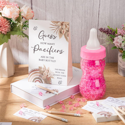 Roowest 512 Pcs Baby Shower Games Guess How Many Pacifiers Sign 100 Small Guessing Games 10 HB Pencils 750ml Milk Bottle 400 Acrylic Pacifiers Decoration for Guest Gender Reveal(Pink,Bear)