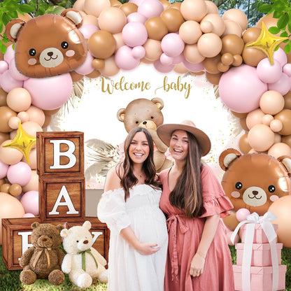 117 Teddy Bear Baby Shower Decorations for Boy Birthday Supplies Brown Blue Balloon Garland Kit Wood Grain Boxes with Letters Bearly Wait Backdrop Bear Theme Baby Shower Decor