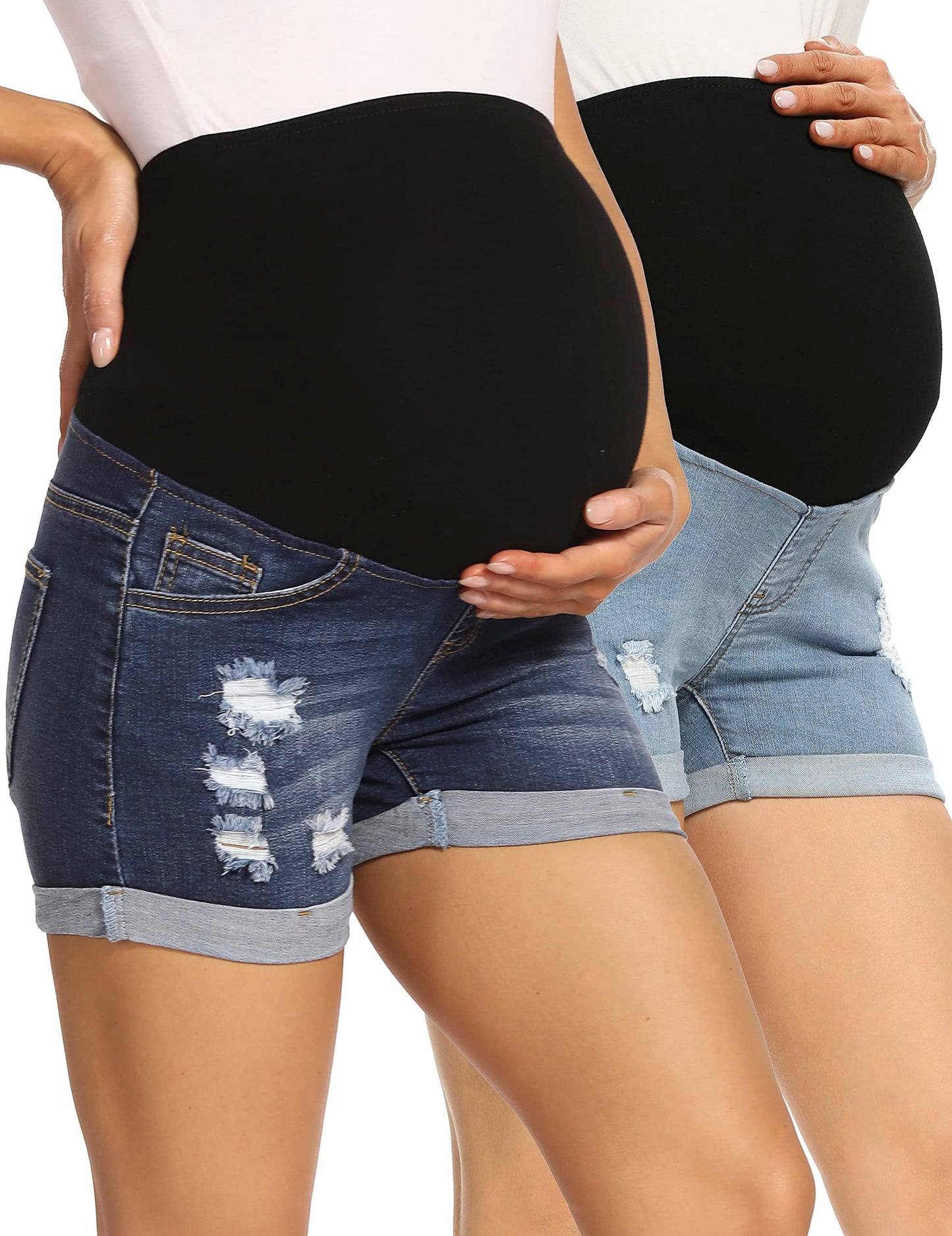 V VOCNI Maternity Denim Shorts Women's Summer High Waist Distressed Cuffed Hem Casual Denim Jeans Short
