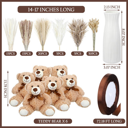 6 Sets 123 Pcs Baby Shower Table Centerpieces Dried Pampas Decor Bear Stuffed Ceramic Look Plastic Vase with Bow for Boho Wedding Bridal Shower Flowers Table Decorations(Brown,Neutral)