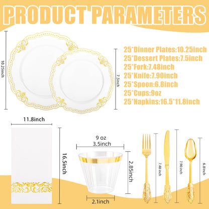 Ciaell 175 PCS White and Gold Plastic Plates - Fancy Gold Disposable Dinnerware Set with of 25 Dinner Plates, 25 Salad Plates, 25 Knives, 25 Forks, 25 Spoons, 25 Cups, 25 Napkins for Weddings Party