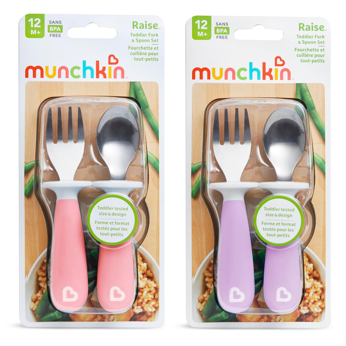 Munchkin® Raise™ Toddler Fork and Spoon Utensil Set, Rest Keeps Tip Off Table, BPA Free, 4 Pack, Blue/Green